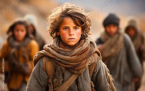 Afghan children walk in the desert fleeing their country