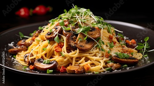A close-up photograph that captures the umami-rich flavors of Miso-Mushroom Pasta  beautifully plated and garnished.