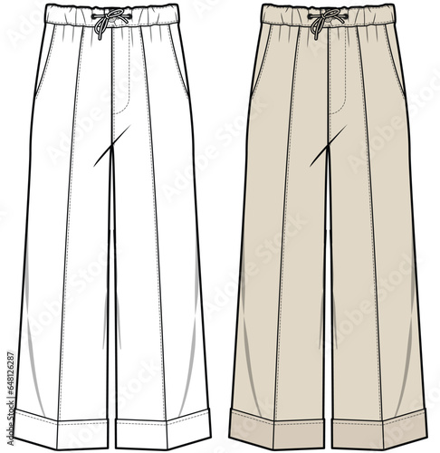 womens drawstring waist wide leg baggy trouser flat sketch vector illustration technical cad drawing template