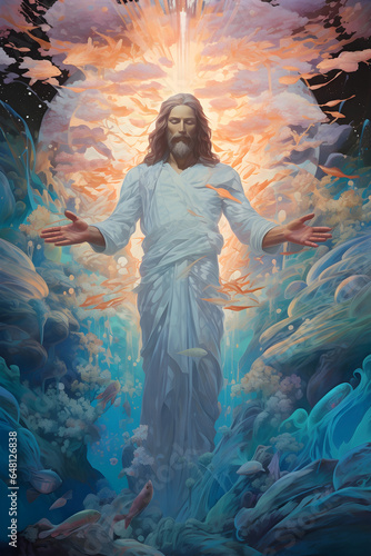 Jesus Christ underwater environment surrounding with vivid colorful, radiant light. In the style digital art painting. 
