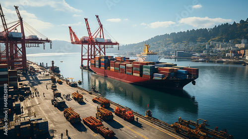 busy seaport with cargo ships being loaded and unloaded, cranes lifting containers, and logistics operations supporting global trade. Generative AI