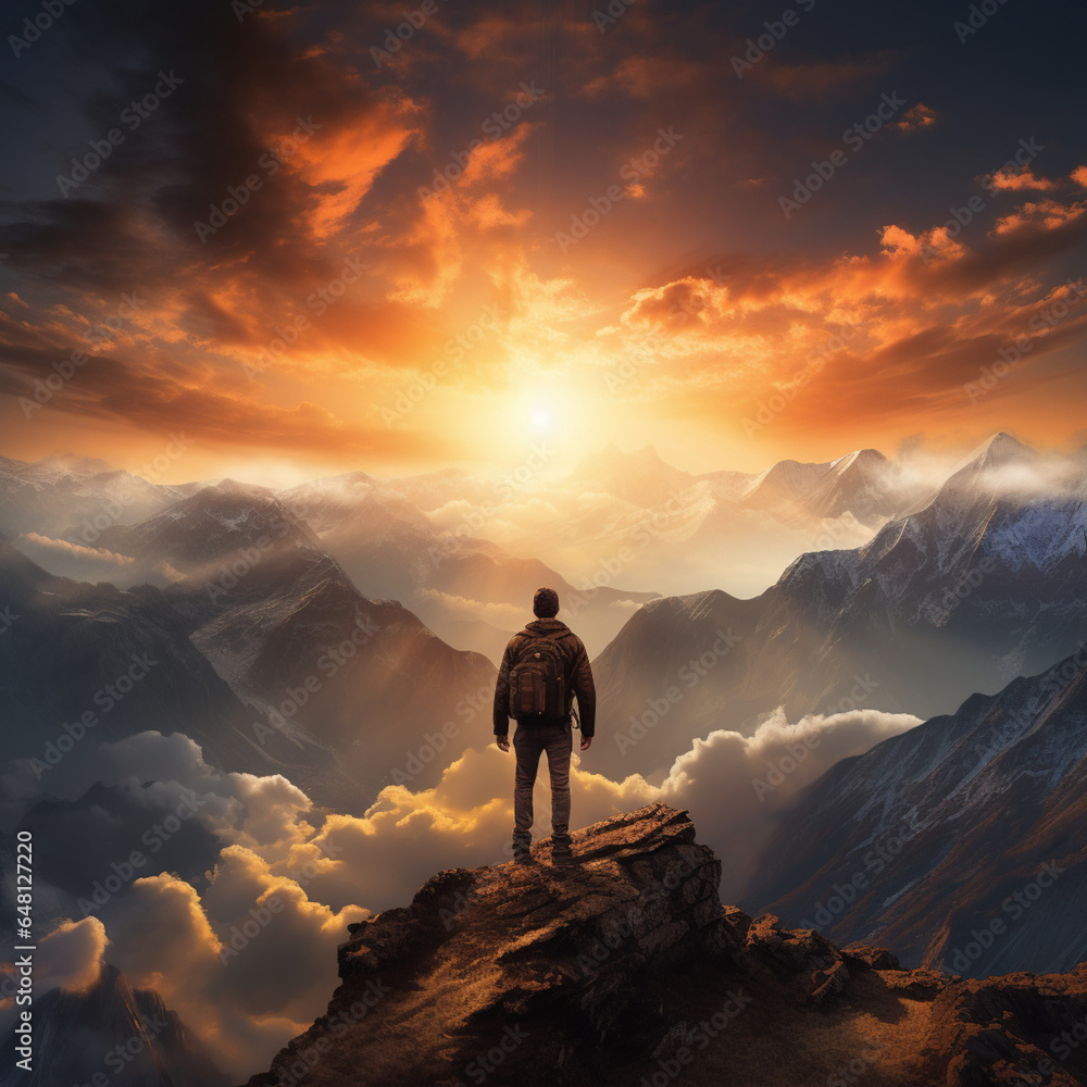 Man standing on the edge of a cliff and looking at the sunrise