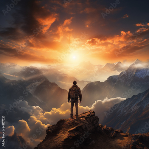 Man standing on the edge of a cliff and looking at the sunrise