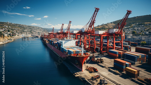 busy seaport with cargo ships being loaded and unloaded, cranes lifting containers, and logistics operations supporting global trade. Generative AI