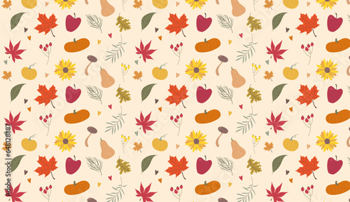 seamless pattern with leaves, pumpkins, mushrooms and flowers. autumn vector repeating pattern. fall pattern. thanksgiving season pattern