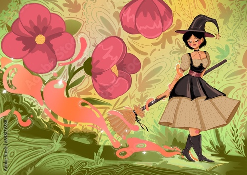 Forest witch in the Flower Garden illustration