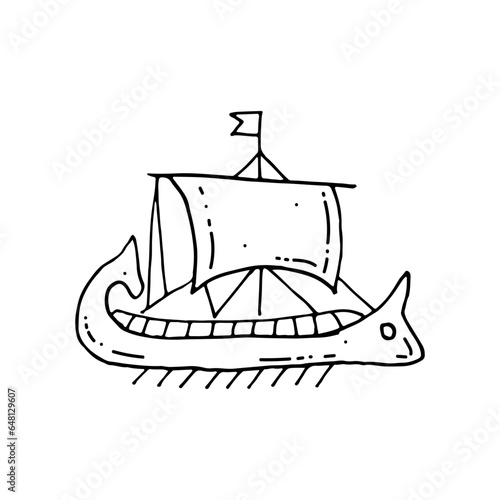 Ancient Greek galley. An ancient rowing multi-oared military vessel. Doodle. Vector illustration. Hand drawn. Outline.