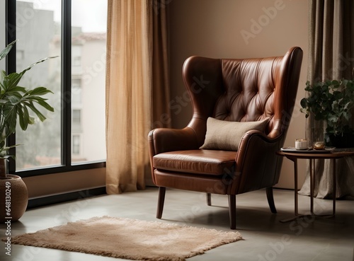 Modern Living Room Interior, Brown Leather Wingback Chair by the Window, Adjacent to a Stucco Wall