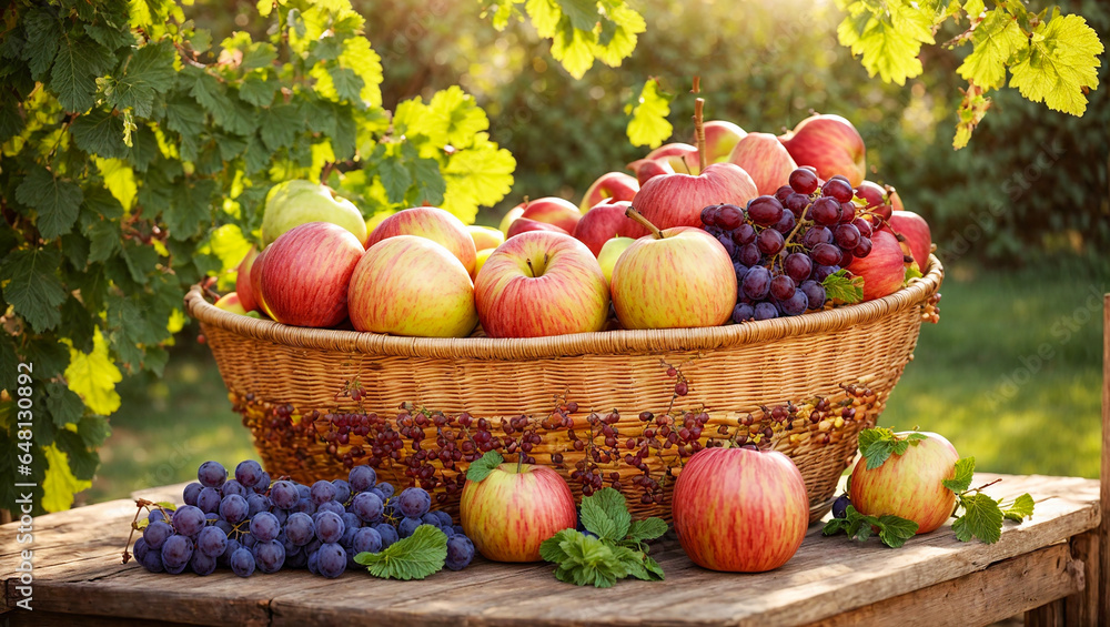 Assortment of fruits, apples, pears, grapes,
  in a basket in the garden
