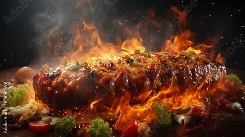 Close-up shot of burning barbecue sausages, Generative AI