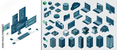 Set of isometric computer technology. Isometric set server equipment. Technology isometric icons. Digital technology items. Vector illustration