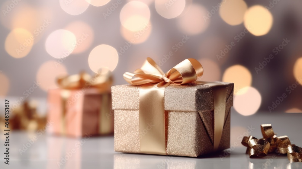 Gold giftbox on bokeh background. Gold giftbox on bokeh background.