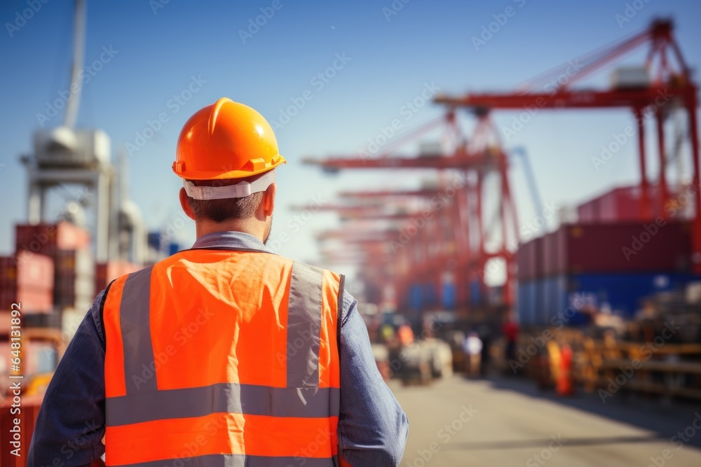 Sea port worker stand his back, look at crane and cargo containers. Industrial foreman engineer at sea docks, generated by AI - obrazy, fototapety, plakaty 