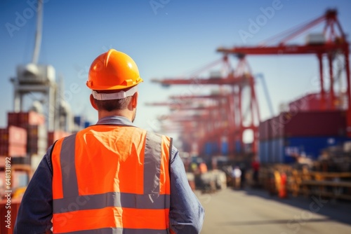 Sea port worker stand his back, look at crane and cargo containers. Industrial foreman engineer at sea docks, generated by AI