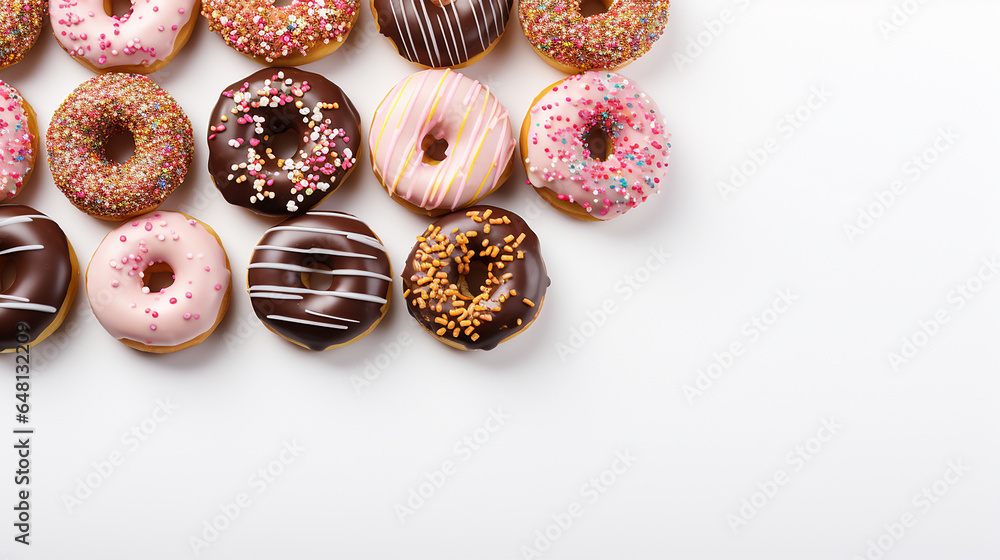 Chocolate donuts and party supplies on white background Chocolate donuts and party supplies on white background