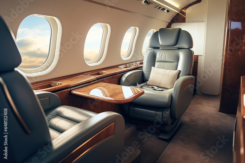 Luxury business jet plane airplane private jet empty interior during flight fast bright luxurious seat leather chair materials windows glass wealth journey flying evening landing style stylish design © arhendrix