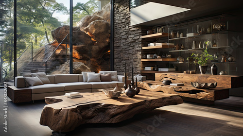 Modern Living Room with Wooden and Stone Accents