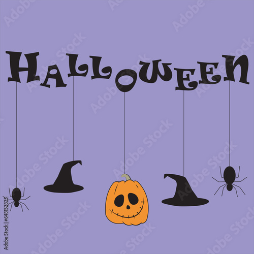 Banner de Halloween con calabaza, arañas y sombreros de bruja sobre un fondo morado. Vista de frente. Vector