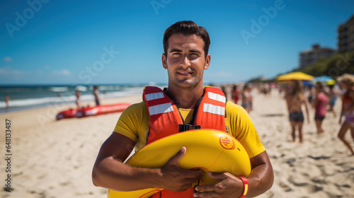 Handsome lifeguard on standby on the beach