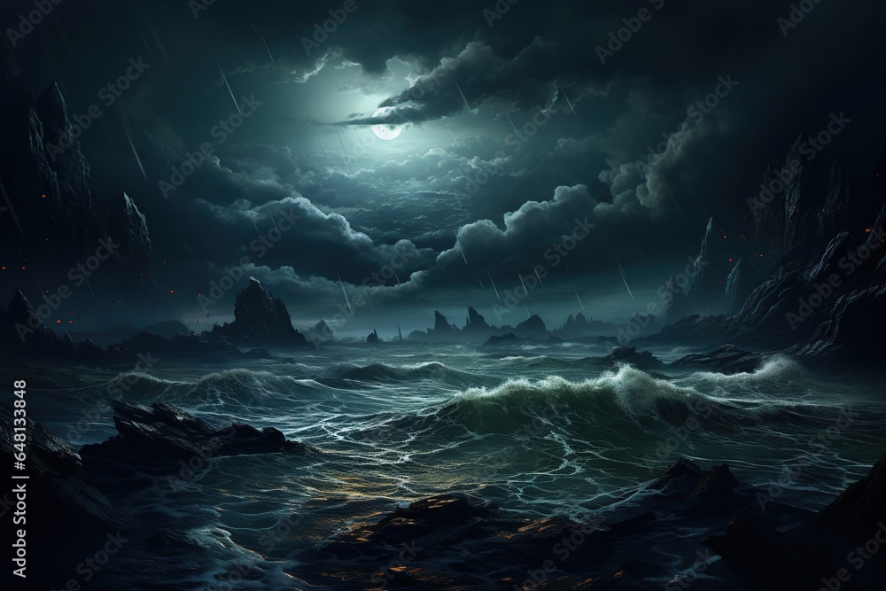 Fantasy landscape with stormy sea. 3D render illustration. Generative AI - obrazy, fototapety, plakaty 