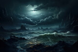 Fantasy landscape with stormy sea. 3D render illustration. Generative AI