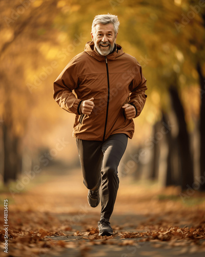 Energetic senior man jogging in autumn forest.