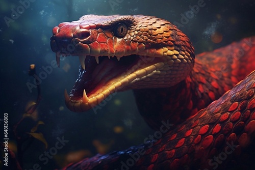 Portrait of a red snake with open mouth and sharp poisonous teeth ready to bite.