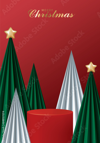 Christmas poster for product demonstration. Red pedestal or podium with Christmas trees on red background.