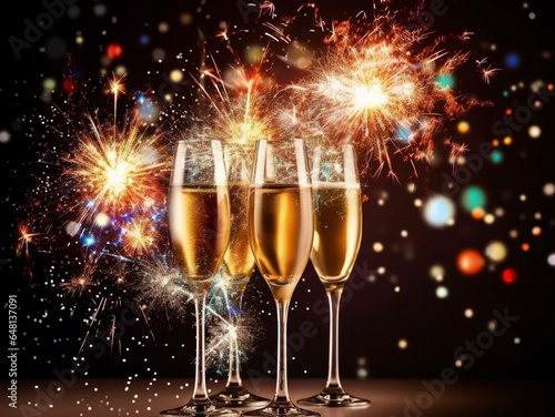 Sparkling champagne in transparent glasses on the background of New Year's fireworks and colorful bokeh