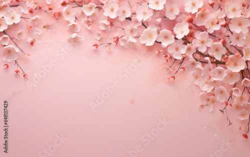 Pink cherry blossom flowers on a empty white background.