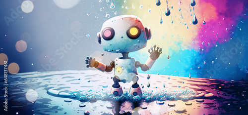 piccolo robot meccanico giocattolo che sguazza divertito in una pozzanghera sotto la pioggia