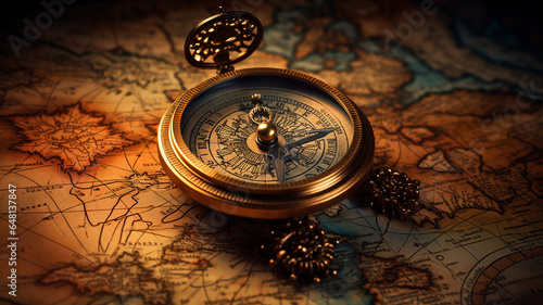old compass on vintage world map.