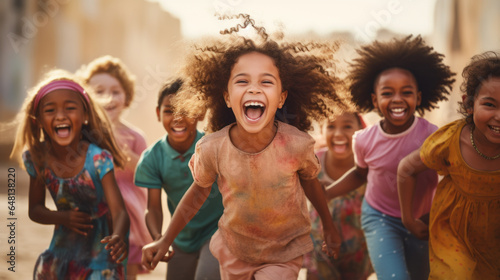 group of multiracial children playing together. joyful and happiness on faces.
