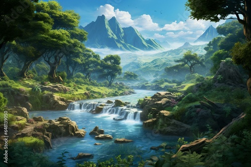 stunning dreamlike scenery featuring a flowing river and abundant greenery. Generative AI