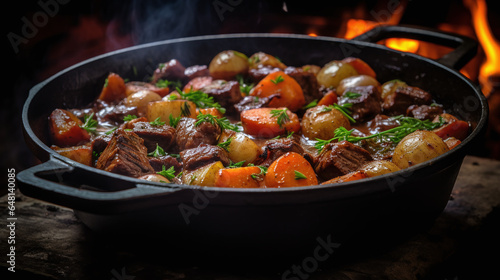 Delicious Beef Stew in a cast iron Skillet with carrots Onions and Potatoes 