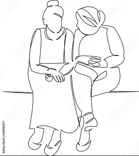 two elderly women sit on benches