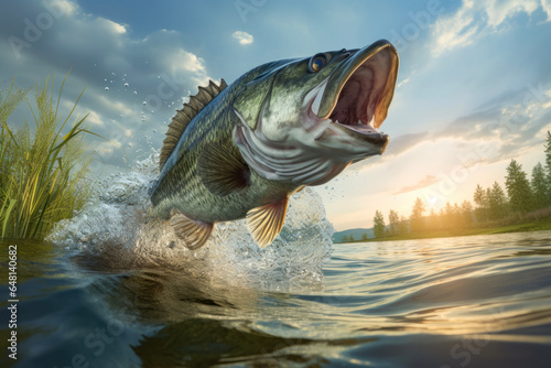 Black bass that jumps and swims on a lake waving in the wind in background of sunset light with sky and sunlight. Lifestyle concept for fishing and hobbies.