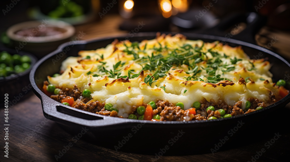 Delicious Shepherds Pie in a cast iron Skillet