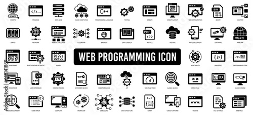 Programming icon set including workflow, landing page, website, error, dashboard, web slider, program, develop, workflow, coding