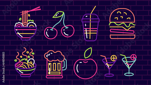 Neon food icons in vintage style on light background vector illustration