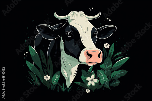 Portrait of a cow on a black background in leaves with flowers photo