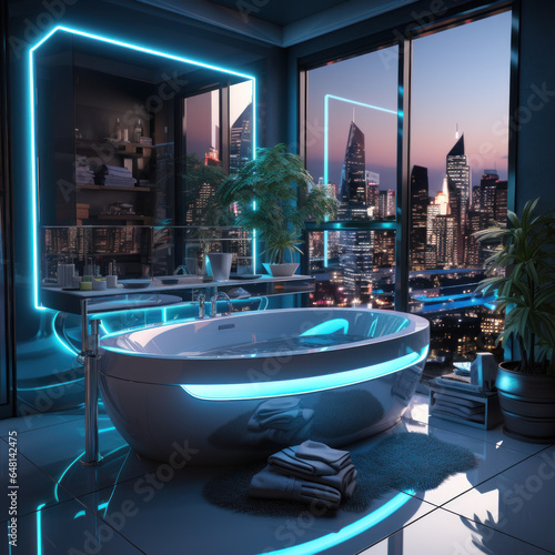  a futuristic bathroom with a holographic window 