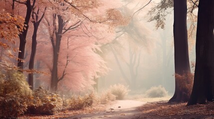 Papier peint photo Pantone 2025 Mocha Mousse On a crisp autumn morning, a mysterious fog blankets a deciduous woodland, illuminated by the soft pink hues of the trees, creating a surreal and enchanting landscape and beauty  © Glittering Humanity
