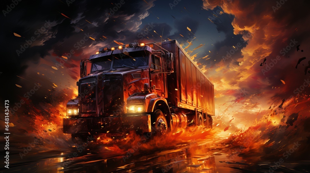 Truck on fire at night, Generative AI Truck on fire at night, Generative AI