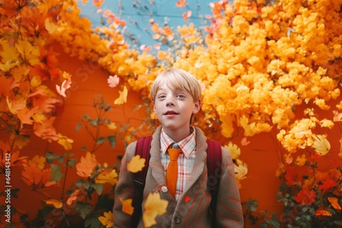 A young boy stands in a vibrant and colourful portrait, dressed in orange and yellow clothing and surrounded by an enchanting wall of flowers