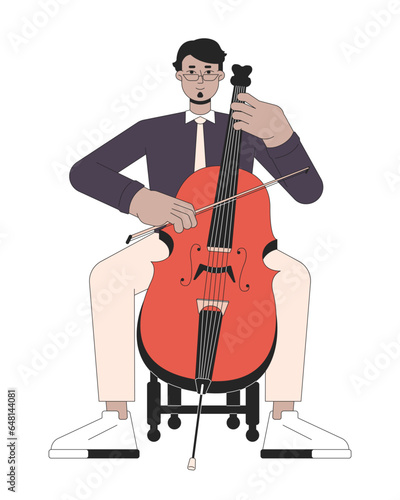 Cello musician line cartoon flat illustration. Middle eastern adult man with musical violoncello 2D lineart character isolated on white background. Violoncellist symphony scene vector color image