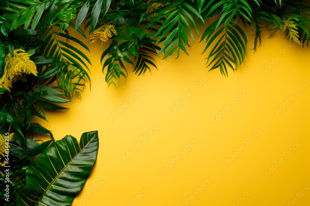 Fresh greenery with a blank space on a yellow background. Copy space.
