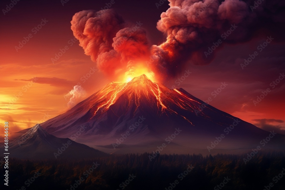 Volcán en erupción de noche