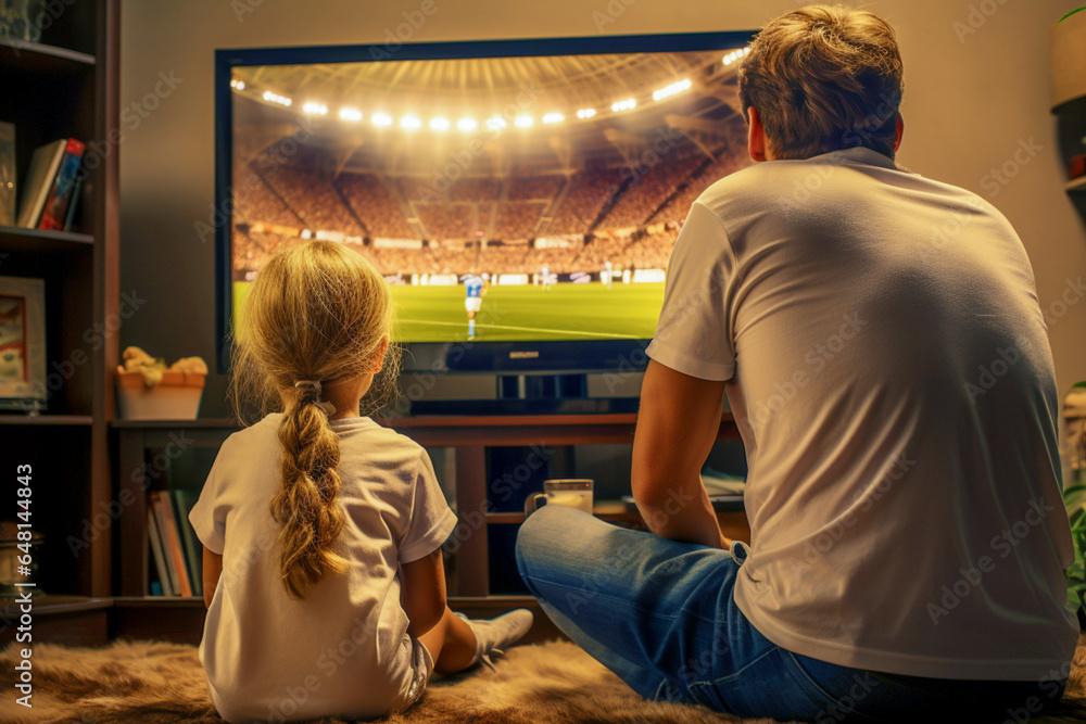 A father and a little daughter watch a professional football match on TV, sitting at home on the couch in the evening. Football fans watching sports.