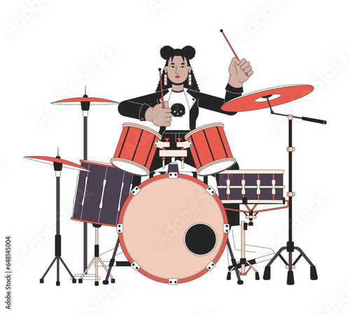 Female drummer rocker line cartoon flat illustration. Hispanic young adult woman in punk rock clothes 2D lineart character isolated on white background. Rocker rockstar scene vector color image